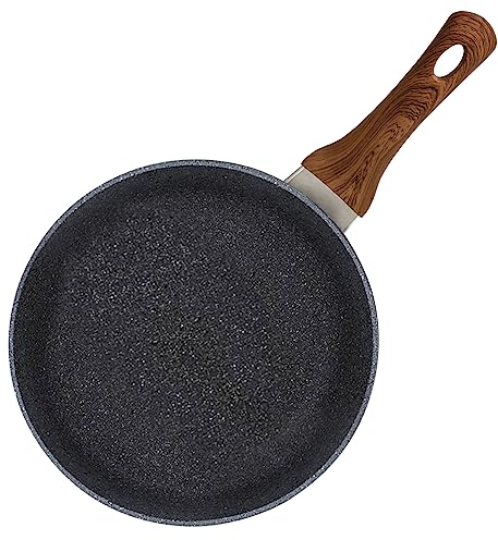 AEX 28 cm Non-Stick Copper Frying Pan Anti-Scratch Stone Skillet for Induction, Gas & Electric Hobs Cool Touch Wooden Handle Premium Cooking Frying Pan (Without Lid)
