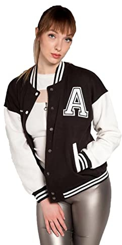 Divadames Womens Jacket Varsity Ladies Letterman Baseball Jacket (UK, Numeric, 12, Regular, Regular, Black)