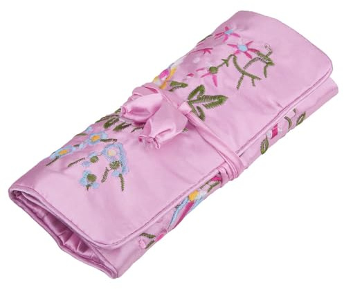 KYEYGWO Chinese Embroidery Travel Jewellery Roll, Pink | Embroidered Flower and Bird, Tie Close, Multi Zipper Compartments, Portable Jewellery Bag, Necklace Ring Bracelet Storage