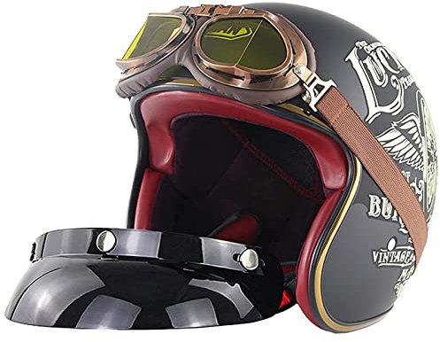 Jethelm Motorradhelm Retro Rollerhelm Halbschalenhelm Erwachsene Offener Helm mit Visier & Brille ECE Approved Halbhelme für Frauen und Herren Vintage Mofahelm Sturzhelm