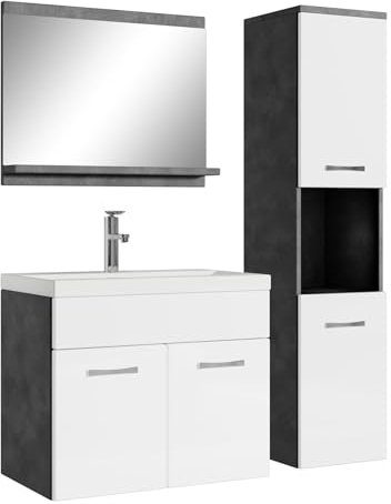 Badplaats B.V. Badezimmer Badmöbel Set Montreal 60cm Waschbecken Grau mit Hochglanz Weiß - Unterschrank Hochschrank Waschtisch Möbel