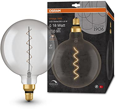 OSRAM Lampada LED Vintage 1906 vetro fumé, 4,8W, 150lm, forma Globo con diametro 200mm e attacco E27, luce bianca calda, filamento a spirale, dimmerabile, durata fino a 15.000 ore
