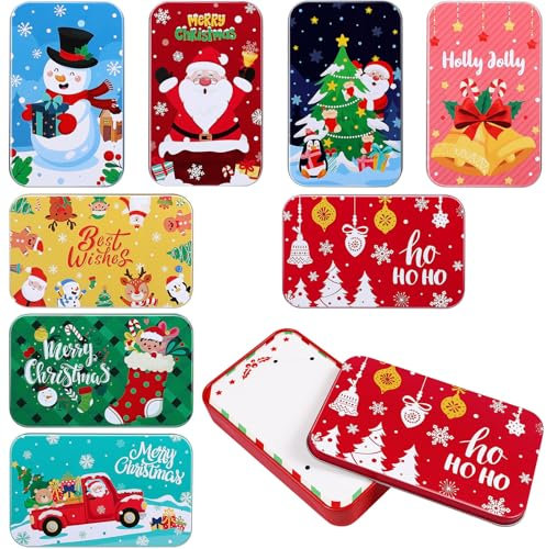 8pcs Metal Rectangular Tins Christmas Tinplate Cases Mini Portable Box Containers Empty Organizer Storage Box Packing Boxes for Party Treat Candy Goodies Pin Jewelry
