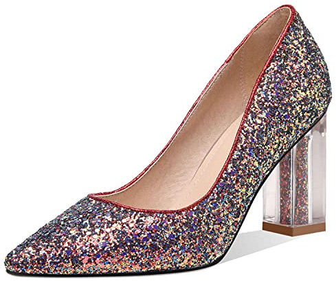 bbruriy Damen Glitzer Chunky Blockabsatz High Heels Sexy Spitzschuh Kristall Blockabsatz Slip-On Pumps Hochzeit Basic Abendkleid Schuhe 8,5 cm,Lila,39