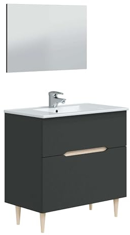 Miroytengo Mueble de Baño con Espejo y Lavabo Lotto Color Gris Antracita y Roble Claro 80x45x80 cm