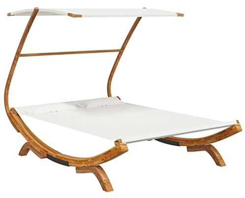 Makastle Sonnenliege Doppelliege mit Dach für 2-Personen Doppel Gartenliege mit Sonnendach für Garten oder Balkon, 165x203x138 cm Bugholz Massiv Creme