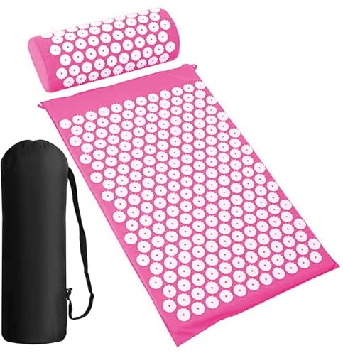 Acupressure Mat Generise Accupressure Body Mat and Pillow Set for Men & Women - Back, Neck and Muscle Pain Relief - Includes Travel Bag with Adjustable Strap (Pink with White Spikes)