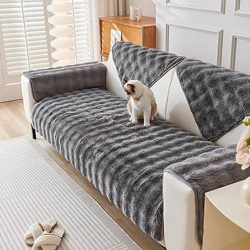 Rosnek Couch überwurf,Plüsch Superweich Sofaüberwurf rutschfest Sofabezug Sofaüberwurf Verdicktes Dekoration Für 2 3 Sitzer Sofa,2er 3er Sofa mit Armlehne,90x210 cm,Grau