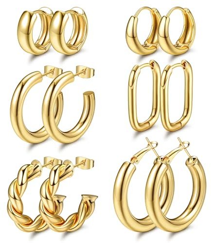 Dochais 6 Paar Gold Creolen Ohrringe Set, Ohrringe Vergoldet 14K, Creolen Gold Klein, Hypoallergen Ohrringe Creolen Zirkonia, Gold Hoop Earrings, Twist Huggie Ohrringe für Frauen Damen Gold