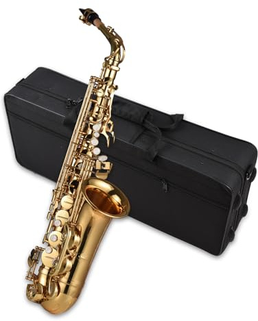 HUIOP Saxofón,Mib Saxofón alto Latón Lacado Saxofón alto Instrumento de viento con estuche de transporte Guantes Correas Paño de limpieza y cepillo Cañas silenciadoras para saxofón Almohadilla para bo
