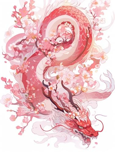 AMBATTERY Handarbeit Set Für Erwachsene Anime-Drachen Und Blumen, Bedruckte Leinwand-Wandteppich-Sets, Stick-Sets, DIY-Häkelgarn-Sets Für Anfänger Und Erwachsene, Bastelset 31x45in