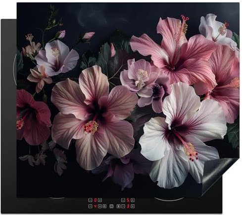 KitchenYeah© Herdabdeckplatte Einteilig Abdeckplatten Cerankochfeld | 60x52 cm - Abdeckung Ceranfeld Herdplattenabdeckung Induktionsmatte Hibiskus - Blumen - Rosa - Blatt - Stilleben - Natur