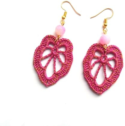 Pendientes hojas con cuentas de ágata, pendientes de encaje tejidos a crochet, fucsia/rosa/dorado, pendientes artesanales, joyería para mujer
