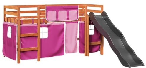 Lit mezzanine enfants vidaXL en pin massif, 80x200cm, avec échelle, toboggan et rideaux roses