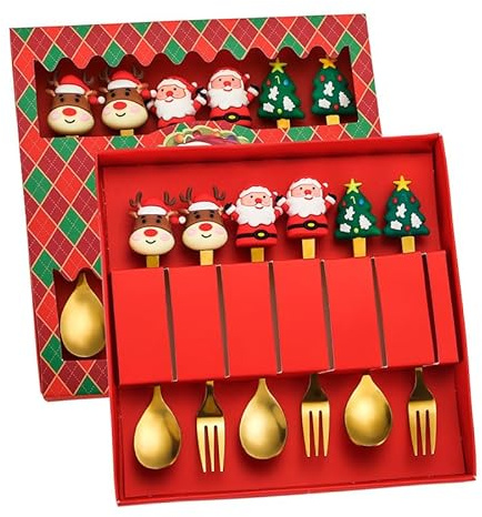 Set di cucchiaini da caffè a tema natalizio | 6 pezzi cucchiaio e forchette in acciaio inossidabile resistente albero di Natale Babbo Natale adorabile albero di Natale e Babbo Natale design | Perfetto