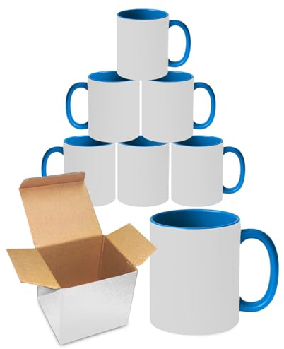 Sublimation Mugs 11oz Blank with Coloured Large Handle & Inner with Box | Durable, Ceramic Orca Finished Mugs Perfect for Custom & DIY Printing, for Loved Ones | Medium Blue Pack of 6