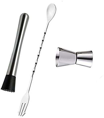 Set di 3 Pestelli in Acciaio Inossidabile per Cocktail, Cucchiaio per Mescolare e Jigger Dosatore, Agitatore per Long Drink, Cucchiaio da Barista, Regali per Cocktail per la Casa