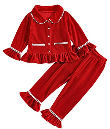 Qianderer Kids Baby Boy Girl Pajamas Set Long Sleeve Button Down Shirt Top Pants Sleepwear Nightwear Homewear Loungewear Set (Cb Red, 2-3T)