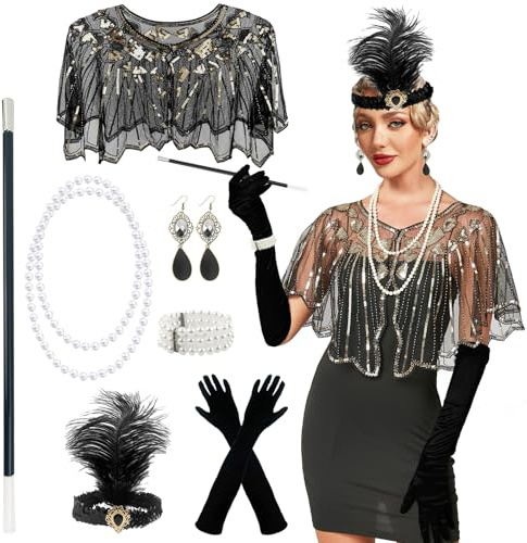 GOTRUST 20er Jahre Kostüm Damen Accessoires, Great Gatsby Accessoires Set | 7 Teiliges 1920er Kostüm Flapper Zubehör, Mit Schal Handschuhen Halskette Kopfschmuck für Abschlussball Halloween Neujahr
