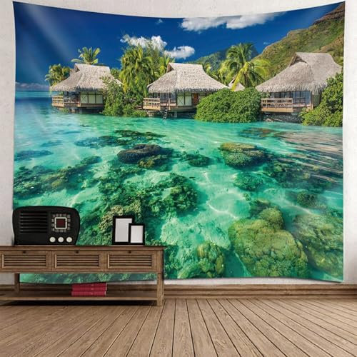 Lirzxin Wandteppich, Tapisserie Wandbehang Blau Grün Holzhaus Landschaft am Meer Wandtücher Tapisserie Strandtuch Dekotuch, 300x256CM