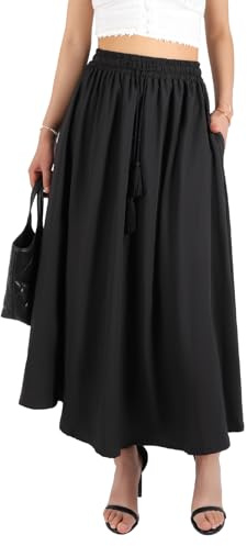 BALAYSIER Gonna Lunga Donna con Tasche e Coulisse Regolabile Gonne Lunghe Estive Gonna in Stile Bohémien per Il Casual la Spiaggia Le Feste(Nero,S)