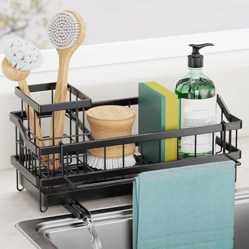 JYFKINN Kitchen Sink Caddy Organiser - Stainless Steel Sink Tidy with Auto-Draining Tray, Detachable Sponge, Brush & Dishcloth Holder for Countertop Storage & Organisation