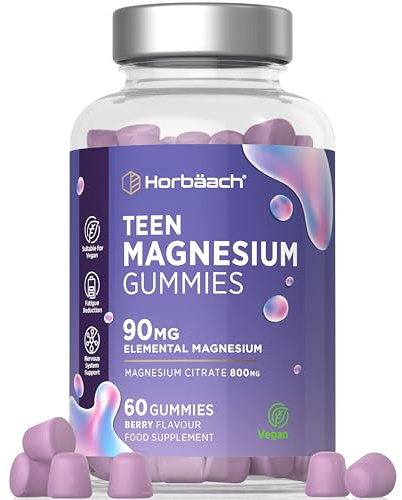 Teen Magnesium Gummies 800mg | 60 Count | Magnesium Citrate Supplement for Teenagers | 90mg of Elemental Mineral | Berry Flavour | Vegan | By Horbaach
