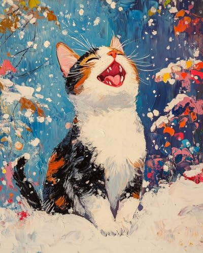 WANMIU Malen nach Zahlen Erwachsene Katze im Schnee DIY Malen nach Zahlen Kits auf Leinwand Acrylmalerei mit Pinseln Leinwand Geschenke Kunsthandwerk 40 x 50 cm(rahmenlos)