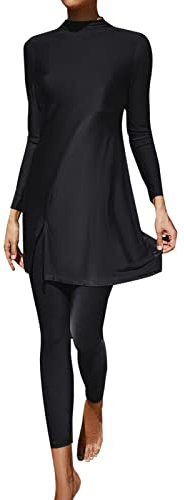 Generisch 2025 Femmes Été Burkini Musulmane Féminin Deux Pièces Maillot de Bain Manches Longues Plage Maillot de Bain avec Plissé Débardeur Hommes Ventre, Noir , M