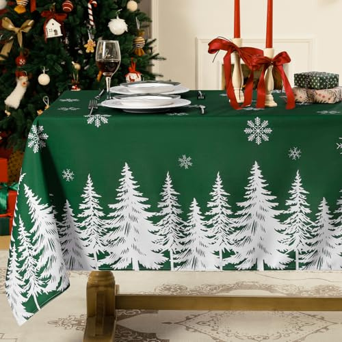 Softalker tovaglie natalizia antimacchia rettangolare 180x140 cm verde tovaglia 6 posti con eleganti fiocchi di neve bianchi e albero di Natale ideale per capodanno, cucina, salone, giardino,picnic