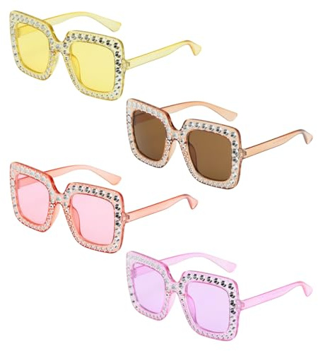 SAIIURV 4 Paar Retro Übergröße Kristall Stras Quadratische Sonnenbrille für Damen, Mode Klassische Diamant Große Disco Sonnenbrille Glitzer Party Brille Faschingsbrille für Festival Fasching Jga