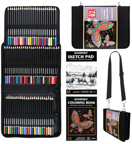 KINSPORY 78PCS Coloring Pencils with 3.0mm Soft Leads, 50-Sheet 3-Color Sketch Book, Sketching Kit with Adjustable Shoulder Strap - Art Set Gift for Adults Artists Beginners Teens Girls Boys