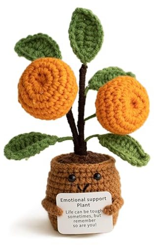 DOLLGIFT Handmade Emotional Support Crochet Orange Tree with Inspirational Card, Positive Plant for Women, Men, Friend, Family Birthday, Funny Knitted Plant Toy for Motivational Office Desk Decor
