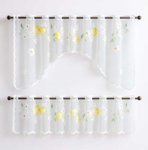 Clever-Kauf-24 Bistro-Bogen Scheibengardine 2340 | 2 teiliges Set | weiß mit coloriertem Blumenmuster | Küchengardine | Gardine Panneau | Breite 150cm |