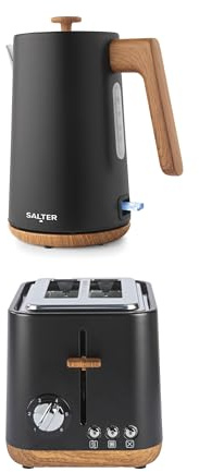 Salter Toronto Kettle & 2-Slice Toaster Set - 1.7L 3KW Rapid Boil Cordless Kettle with Boil Dry Protection, 815W Wide Slot Toaster with 6 Browning Levels & Defrost/Reheat/Cancel, Matte Black | 6 Browning Levels, Wide Slots For Bread Or Bagels, Defrost Reheat Cancel, High Lift Eject, Removable Crumb Tray, 360° Base