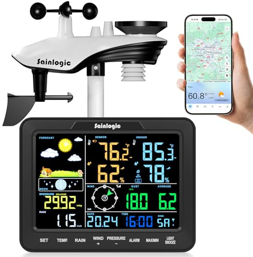 Sainlogic WiFi Estación Meteorológica Inteligente, Pronóstico Meteo IA 24/7 Weatherseed®, Alarma App/Correo Electrónico, Anemómetro y Pluviómetro Digitales, Almacenamiento de Datos de 2 Años