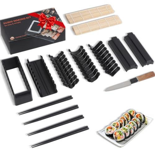MLRYH Sushi Maker Set, 14-tlg. Sushi-Kit für Anfänger mit Rolle, Schneideform, Messer, Matten und Stäbchen(schwarz)
