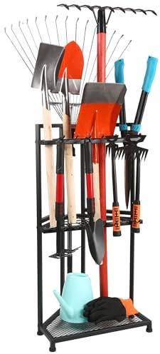 MHHO-WG Gartengeräte Ständer,Pulverbeschichteter Stahl Gartenwerkzeug Organizer,Matt-Schwarz Gartengeräteaufbewahrungsregal mit 20 Schlitzen& 14 Haken,Besenhalter für Garten,Garage,Schuppen & Outdoor