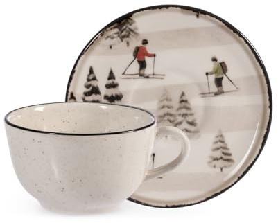 H&H Set 2 Tazze da Tè/Cappuccino in Stoneware 200cc con Piattino – Decoro Retro Skier, Beige Puntinato con Bordo Nero, Piattino con Piste e Sciatori Innevati, Perfette per l’Inverno