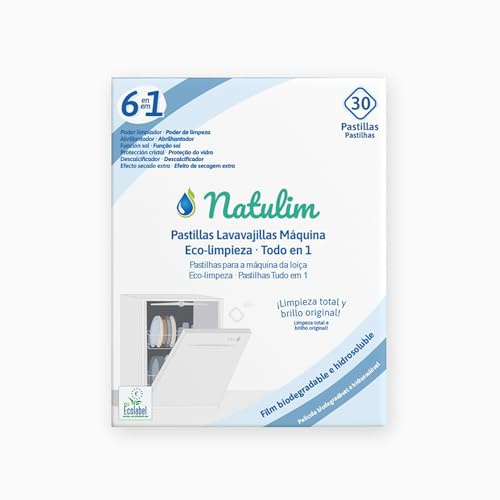 Natulim Pastillas de Lavavajillas 30 Usos - Biodegradables e Hidrosolubles 6 en 1 - Limpieza Profunda, Abrillantador, Función Sal, Protección Cristal, Descalcificador, Efecto Secado Extra