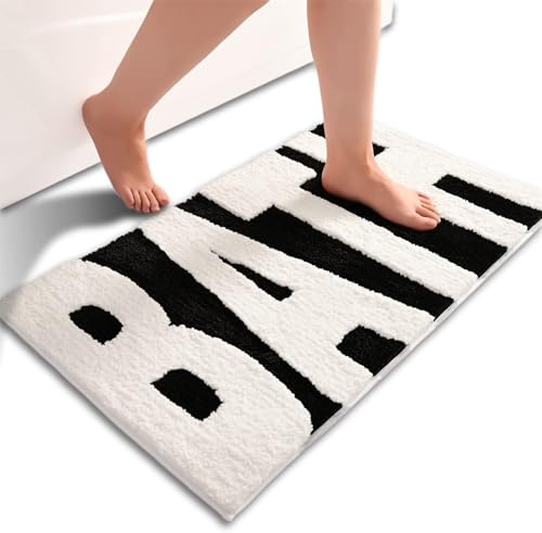 Dermalyx Schwarz Weiß Badezimmer Teppich rutschfeste Badematte Dicke Weiche Flauschige Badezimmer Dekor Super Saugfähige Maschinenwaschbare Duschteppich 40 x 60 cm