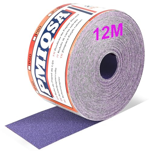 PMIQSA 12m Sandpaper Roll 40 Grit Hook and Loop Sanding Paper | Paper for Sanding Wood Paint Plaster Filler Metal and More 70mm Wide Sandpaper Compatible with Machine Sanders & Hand Sanders