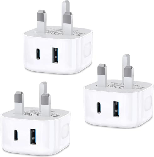 USB C Plug,3Pack Dual Port Micro USB A and C i Phone Fast Charger Plug UK USBC Charge for iPhone 17 Pro Max 16e 16 Plus Pro Max 15 14 13 12 11 SE Watch iPad Pro Mini Air,Type-C Wall Charging Plugs