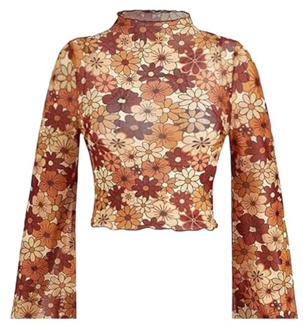 Parte superior de malla para mujer de manga larga de los años 70, parte superior transparente con mangas de campana, estampado floral, blusa boho, cuello alto, parte superior acampanada, tejido de