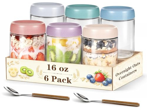 ZhouZGlass 6 Pack Overnight Oats Jar, 500ml Glass Jars with Lids and Spoon | Reusable Wide Mouth Mason Jars Overnight Oats Containers for Yogurt Pot Cereals Milk Fruit Condiment Dressing Sauce Snacks
