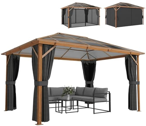 Outsunny Tonnelle de Jardin 3x4m Aspect Bois avec Toit Rigide en Polycarbonate UV50+ - Pavillon Extérieur Aluminium Imperméable avec Moustiquaire et Rideaux - Gazebo de Luxe pour Terrasse, Naturel