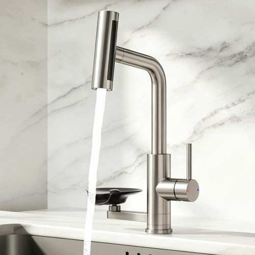 EAARSUO Wasserhahn Küche ausziehbar mit Brause (Gebürstetes Nickel) | 360° drehbarer wasserfall Mischbatterie Küche mit Gläserspüler, 4 Modi Spültischarmatur mit Glasspüler