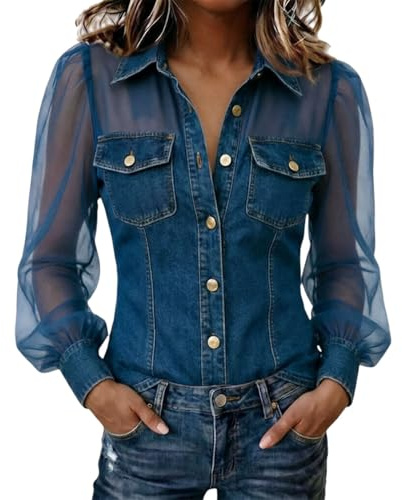 Damhalsband Sheer Mesh Långärmad Denim Blus Button Down Jean-skjorta | Denim lappverk blus, genomskinlig Chambray-skjortor, sommar gå ut toppar