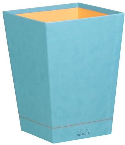 RHODIA 318827C - Corbeille à Papier Turquoise - 24 x 24 x 32 cm - Piqûres Sellier Orange - Extérieur Simili Cuir - Collection Home Office Rhodiarama - Organisation de Bureau & Rangement Design