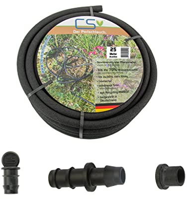 25m CS Perlschlauch drucklos mit Anbohrverbinder mit Gummitülle und Endstopfen für die Drucklose Bewässerung am Regenfass/Regentonne/IBC Tank/Wasserfass